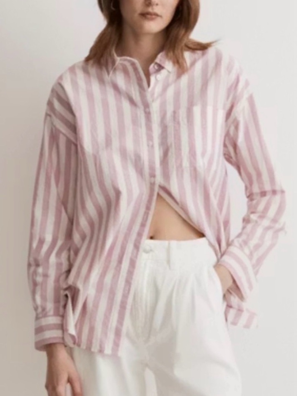 Madewell Pink and White Vertical Stripe Button-Down Shirt